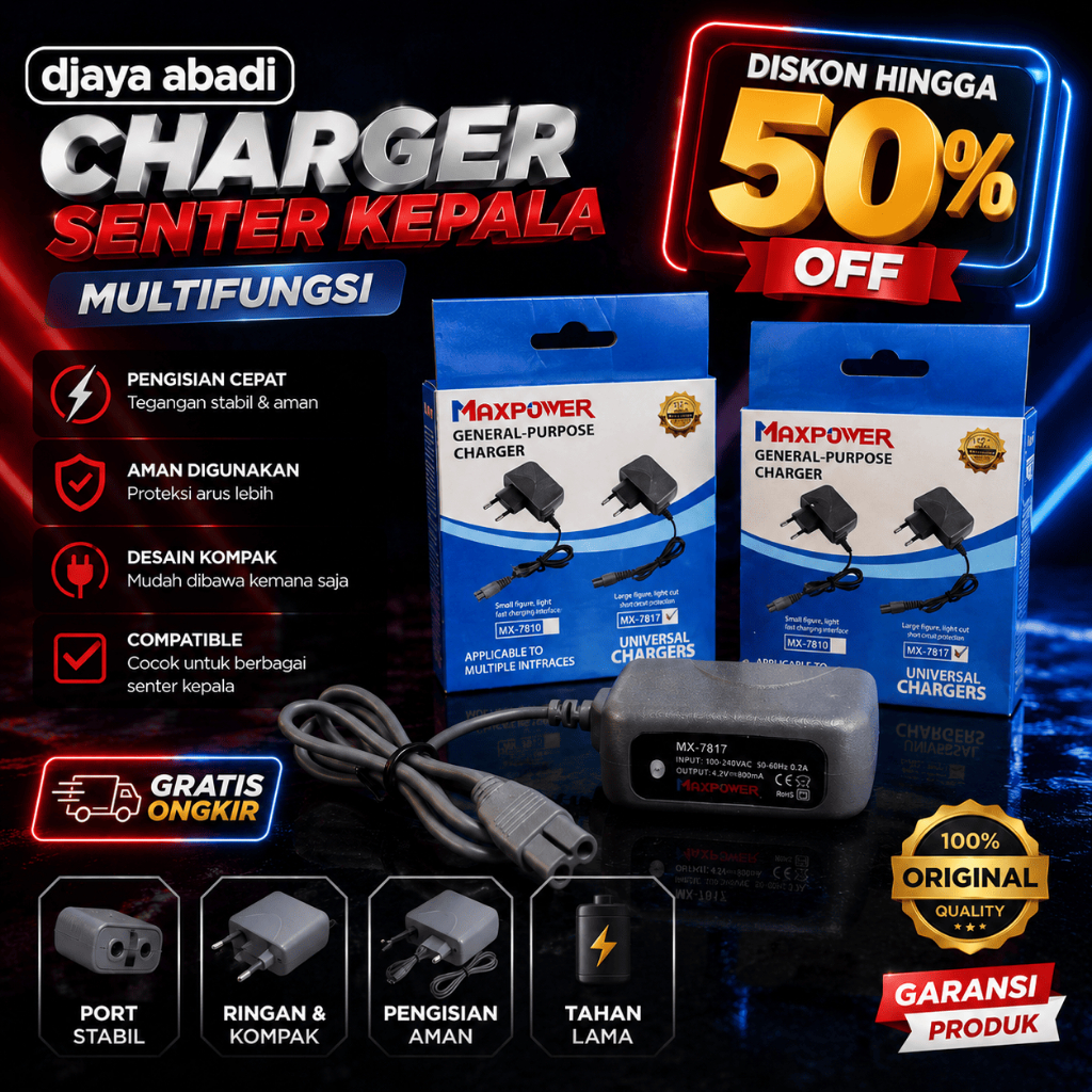 Adaptor Charger Senter Kepala Alat Cas Senter Kepala Angka 8 12V Universal Charger