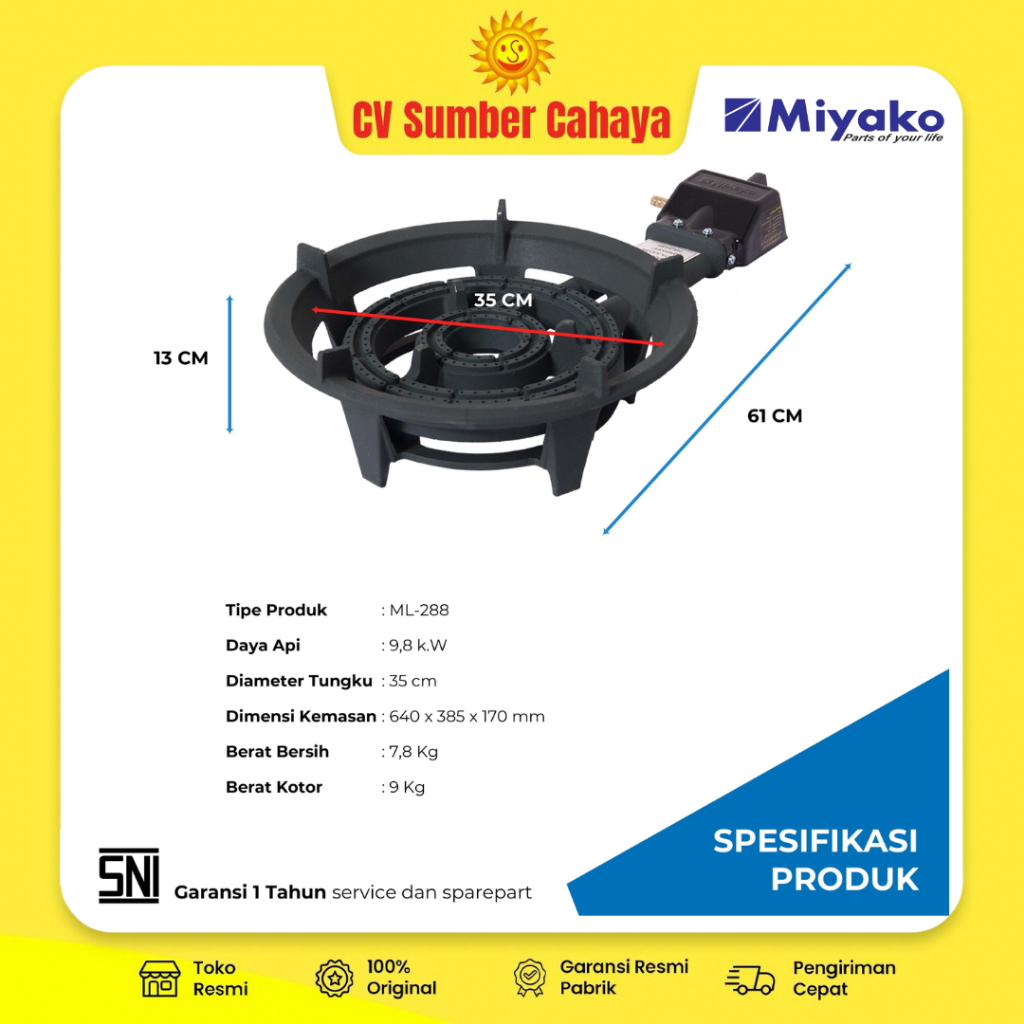 Miyako Kompor Gas Komersil Mawar 1 Tungku ML-288 ML288 ML 288 Gas Stove