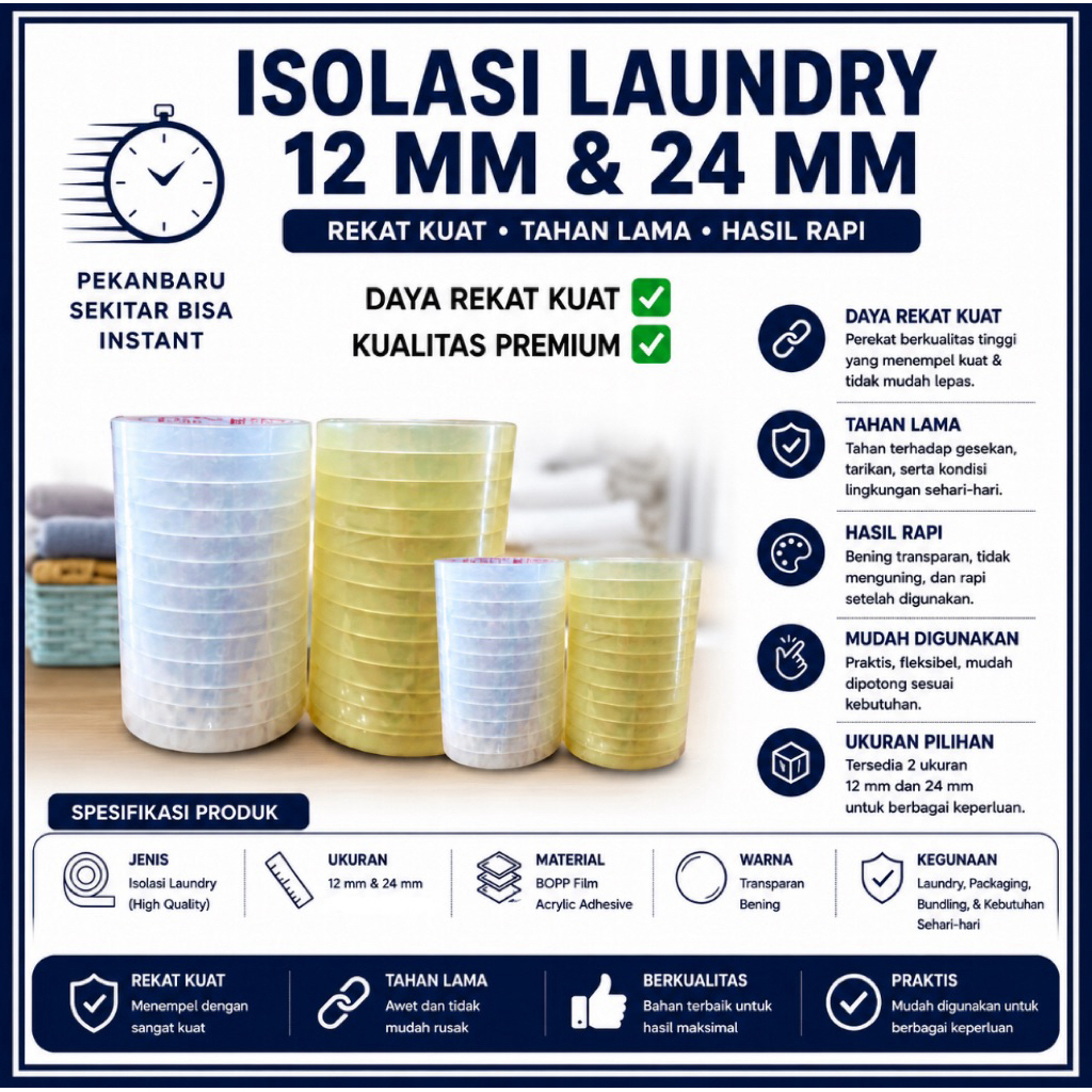 ISOLASI MATIC ISOLASI LAUNDRY PERSLOP 12MM X 80YARD, 24MM X 80YARD CLEAR
