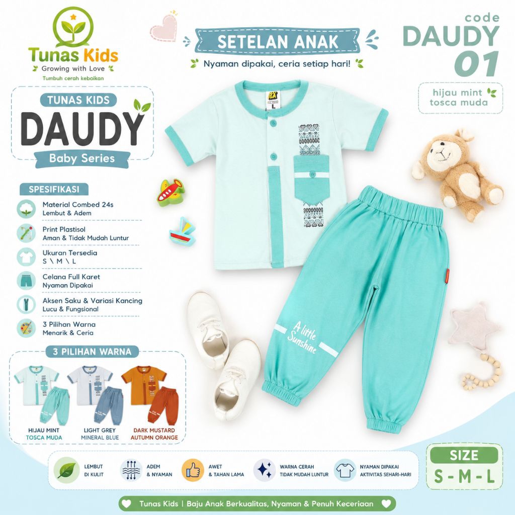 Hoofla Daudy 01-Hijau Mint Tosca Muda | Setelan Koko Bayi Tunas Kids Daudy Series | Baju Muslim Bayi