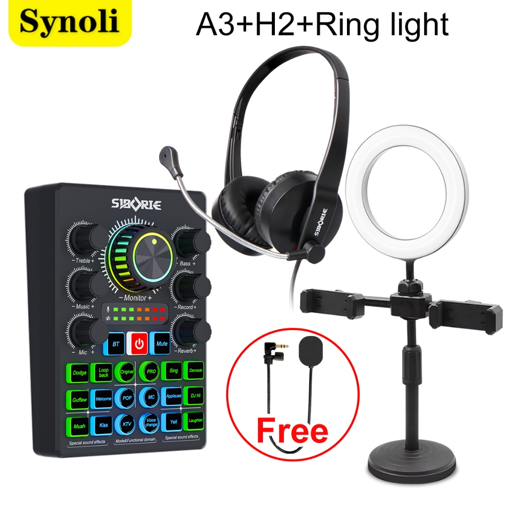 Synoli Sound Card A3 Paket Lengkap Headphone H2 Ring Light Peralatan Live Streaming dan Karaoke SIAP