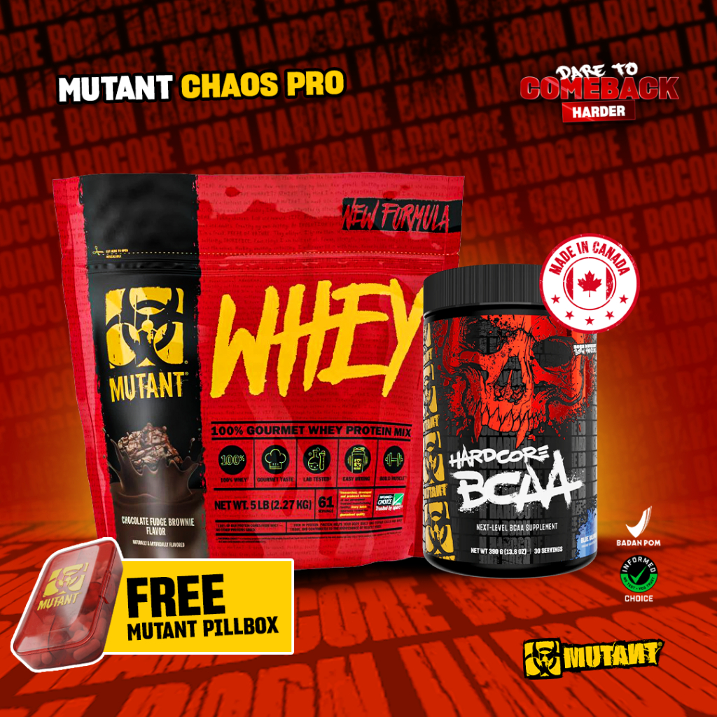 MUTANT CHAOS PRO BUNDLE – MUTANT WHEY 5 LBS (CHOCOLATE/VANILLA/STRAWBERRY) + MUTANT HARDCORE BCAA 39