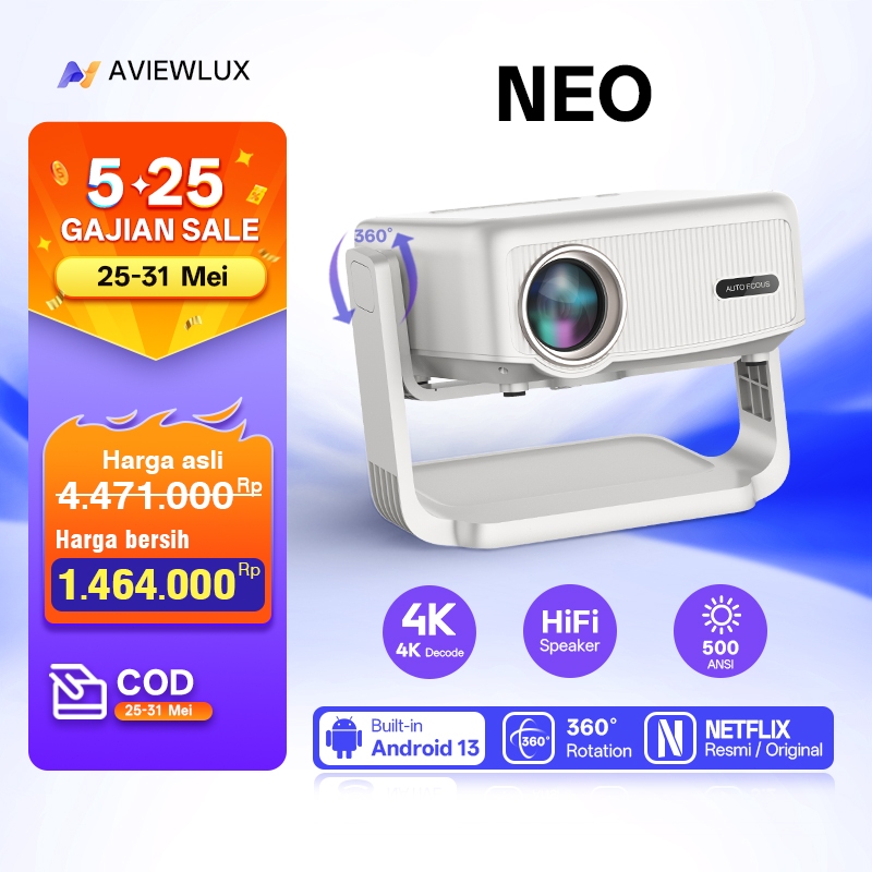 AVIEWLUX NEO Smart Proyektor LCD - Netflix Resmi Certified - 1080P Full HD - Android TV 13 - 500 ANS