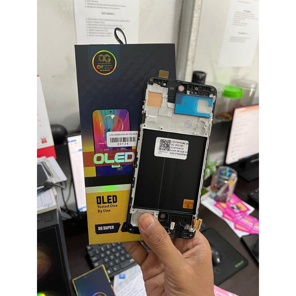 LCD OLED 1:1 + FRAME SAMSUNG GALAXY A51 4G OG SUPER FINGER ON ORI SIZE ORIGINAL BERGARANSI TERMURAH