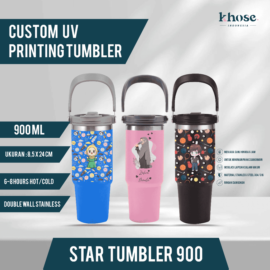 Tumbler Custom Printing Star Tumbler 900ml Custom Printing Cetak UV Full Print Nama Logo Gambar