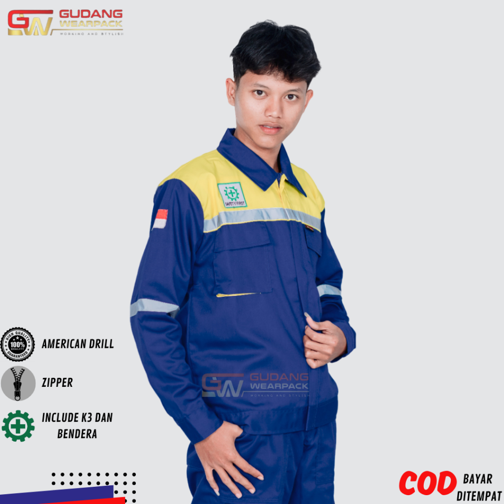 Wearpack Atasan Lengan Panjang Baju Kerja Warna Biru Benhur Kombinasi Kuning