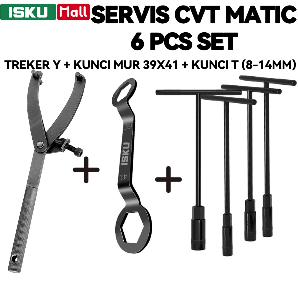 ISKU Paket 6 Pcs Alat Buka CVT Motor Matic - Treker CVT Model Y + Kunci Mur Kopling 39x41mm + Kunci 