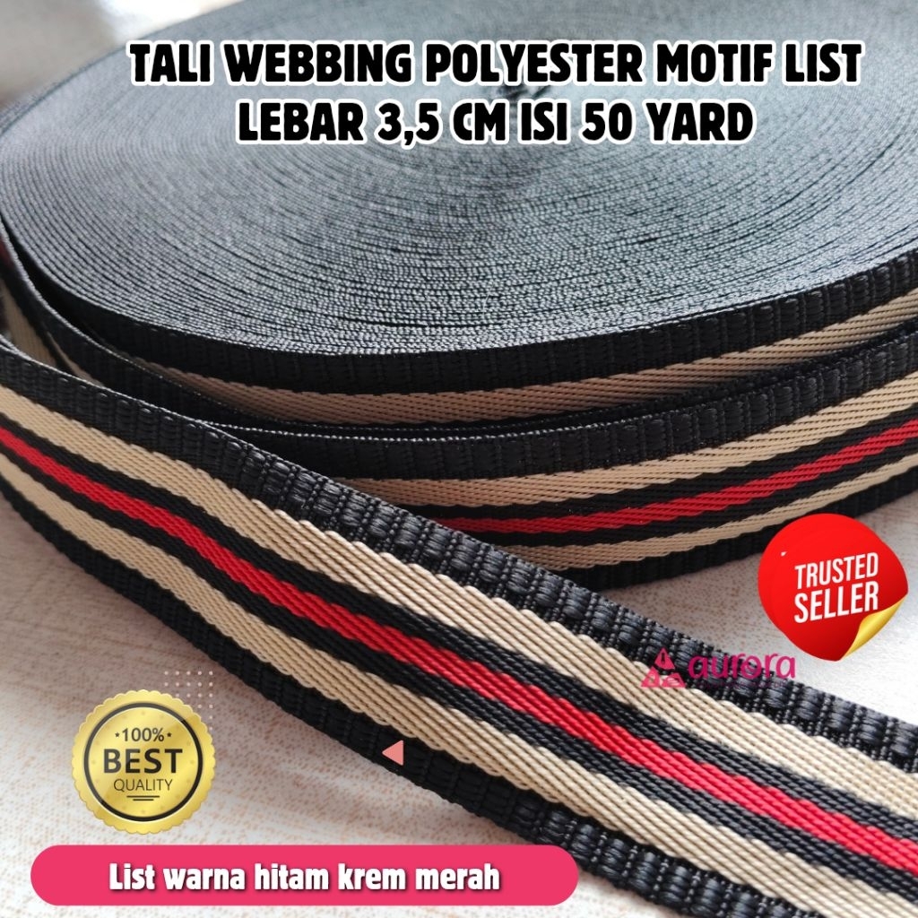 Tali Webbing Polyester Motif List 3.5 cm / 50 yard Hitam Krem Merah Motif Medali