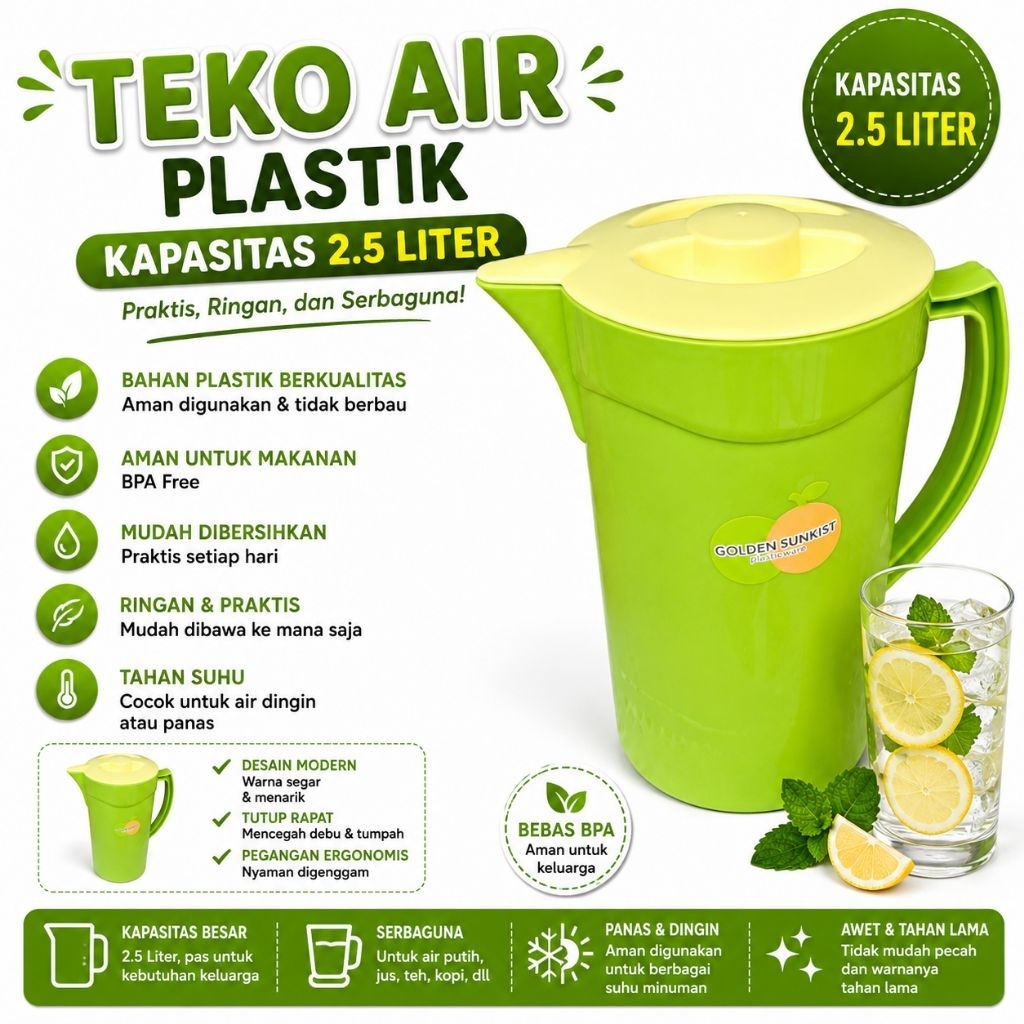 Teko Eskan Air Plastik Hijau 2.5 L Golden Sunkist KAB-3013 Kicthenware