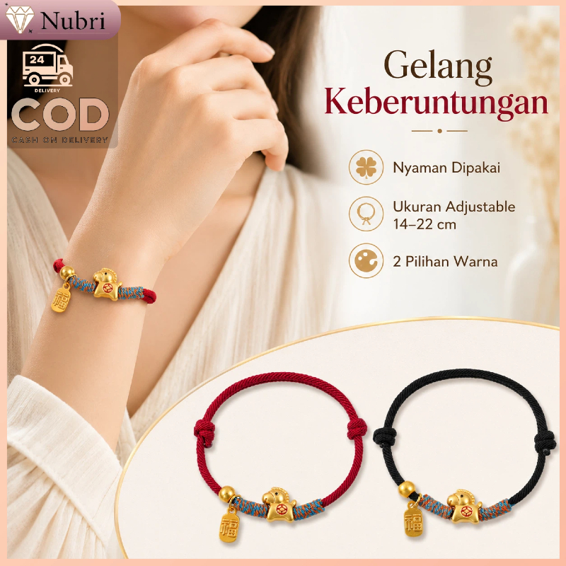 Nubri COD Gelang Keberuntungan Tali Merah | Bandul Emas Shio Kuda Fu | Gelang Anyaman Adjustable | H
