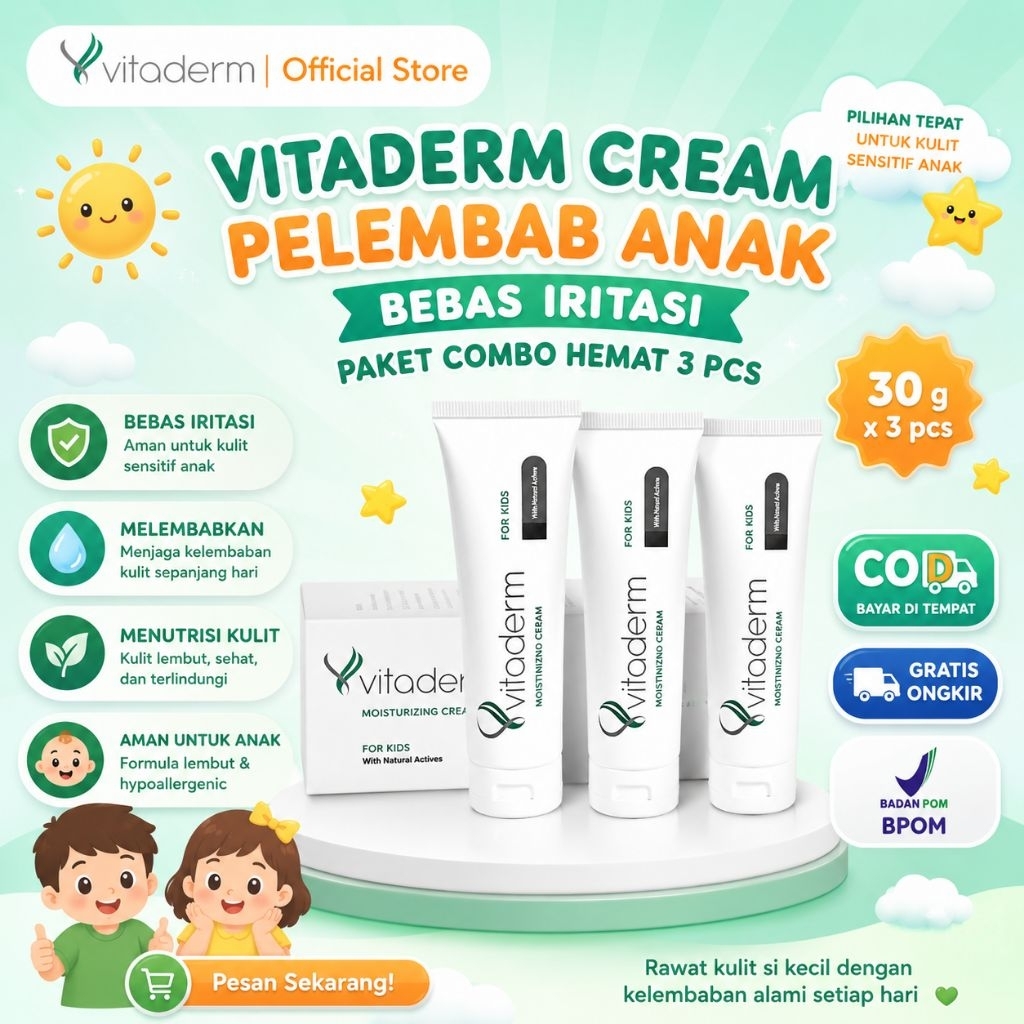 Vitaderm Cream Pelembab Anak 3 PCS 30gr Combo Hemat | Krim Anak Bebas Iritasi Kulit Sensitif Melemba