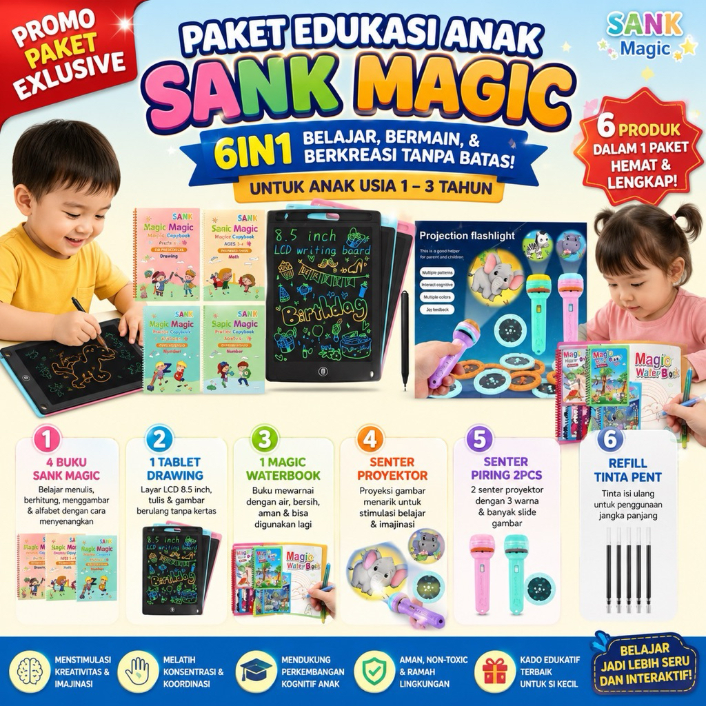 Gudangjam888 Exclusive Mainan Paket Mainan Edukasi Anak Lengkap Magic Book LCD Tablet Senter Proyekt