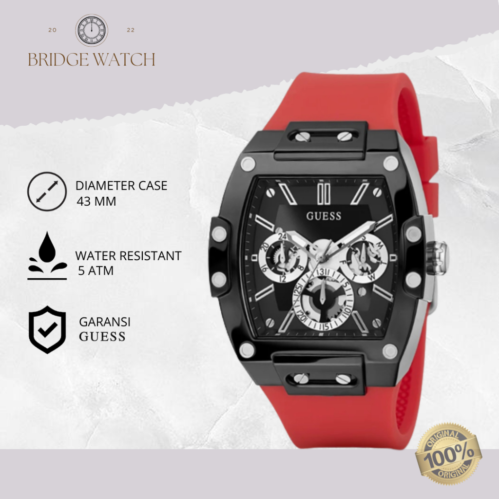 Jam Tangan Pria Guess Phoenix GW0203G4 Chronograph Red Rubber Black Dial Sporty Casual Original