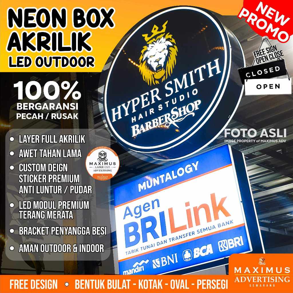 PROMO NEON BOX OUTDOOR Premium Custom 2 SISI | BULAT | KOTAK | OVAL | PERSEGI PANJANG