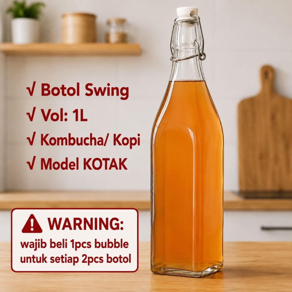 Botol Kaca Tutup Swing 1000ml KOTAK/ Botol Kaca Kombucha Kopi Susu/ Swing Glass Bottle TW-126
