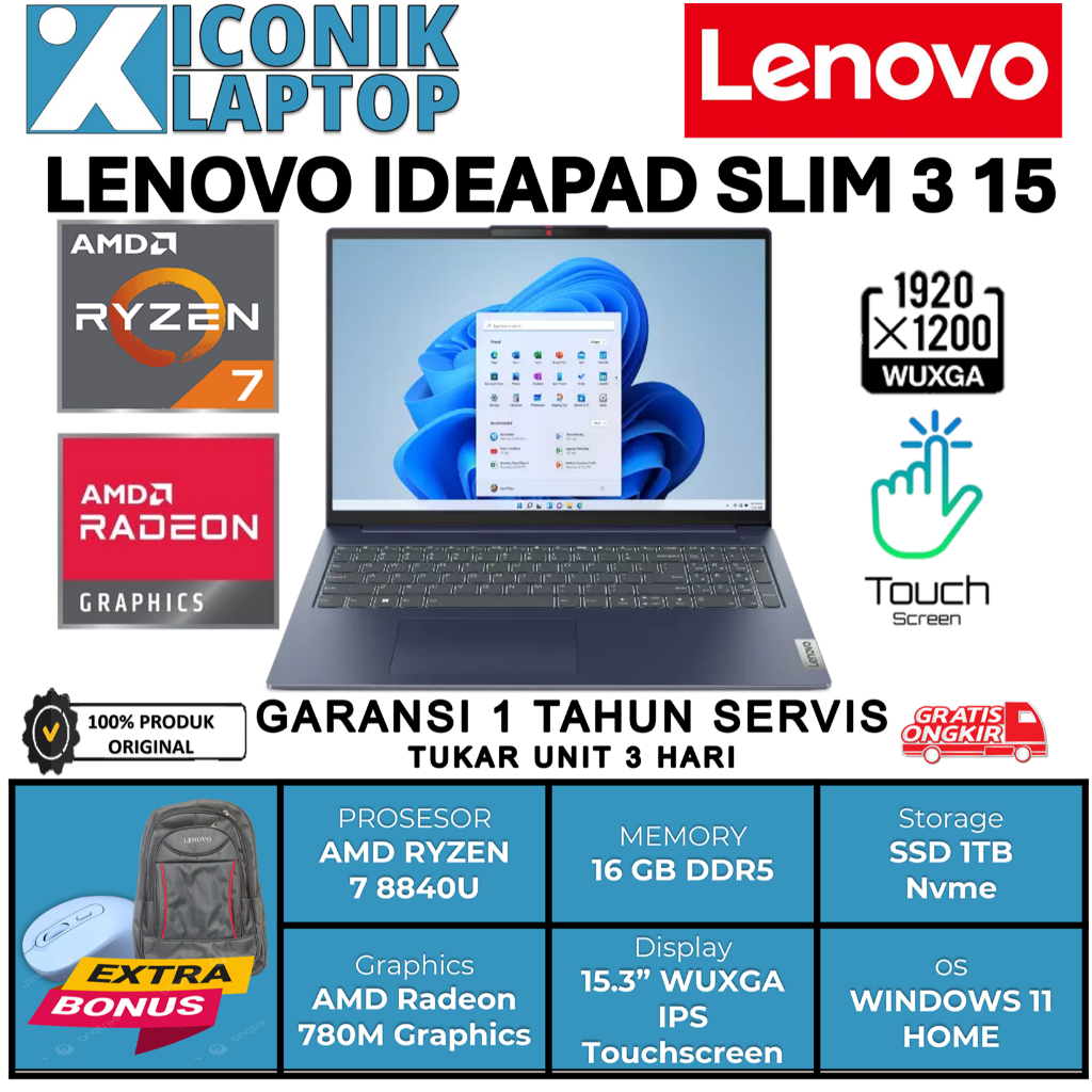 Laptop Touchscreen Lenovo Ideapad slim 3 15 Amd Ryzen 7 8840hs 15.3 WUXGA ips win11 ori