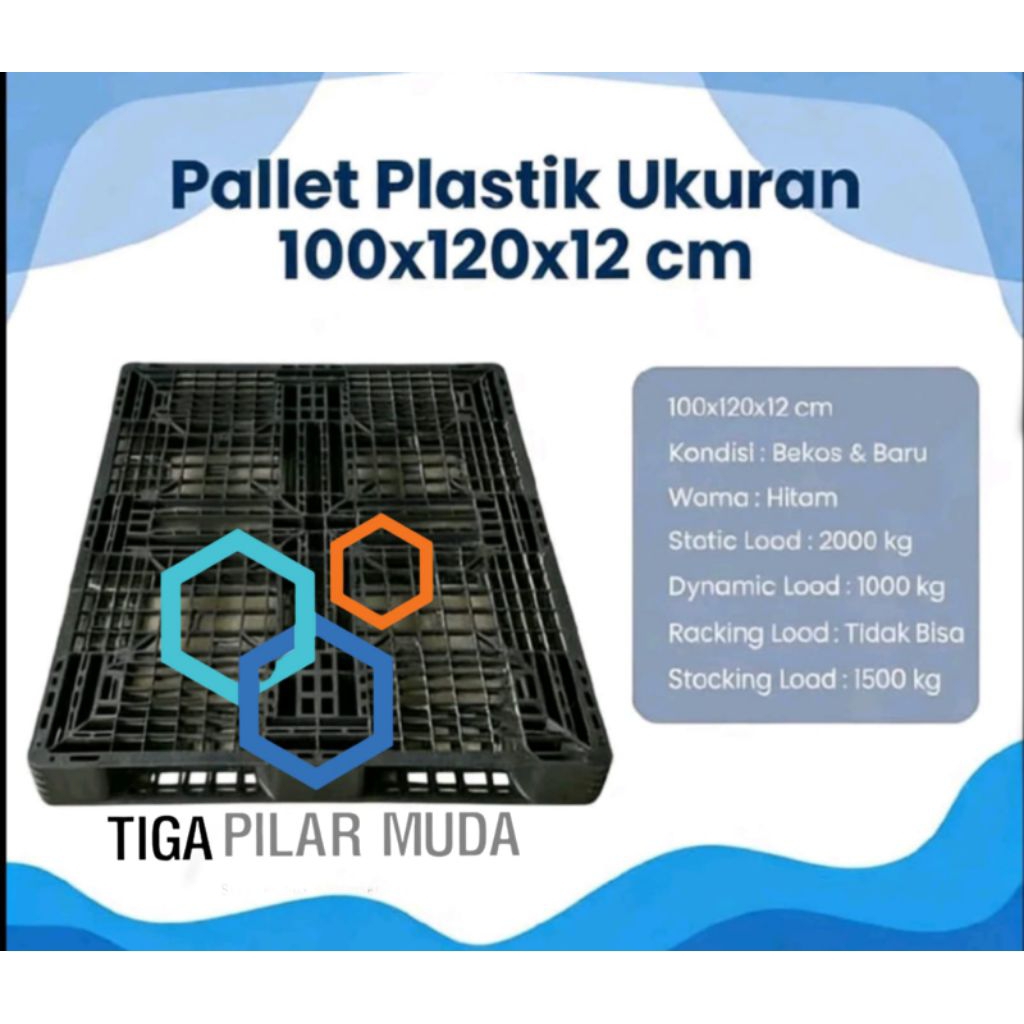 Pallet Plastik Ukuran 100x120x12 cm Hitam Bekos & Baru Static Load 2000 kg Dynamic Load 1000 kg