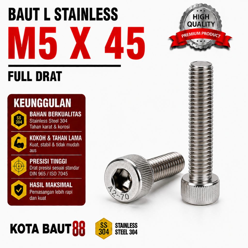 Baut L Stainless M5X45 / 5X45 / M5 X 45 / 5 X 45 Full Drat SS304 / SUS304 / A2-70