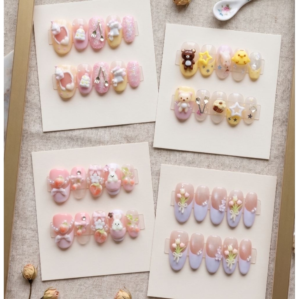 [B5G1] [Part 15] Press On Nails Karakter rilakkuma garpu sendok 3D Flowers Premium Handmade Free Too