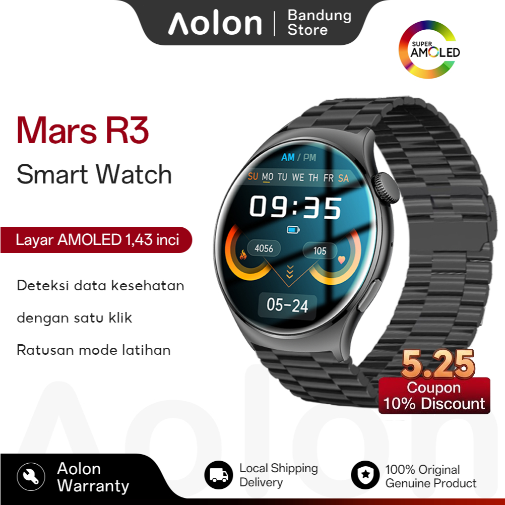 AOLON Mars R3 Smartwatch Running Pace | Layar Amoled | Aod | Casing Logam | Wallpaper Kustom | Pangg