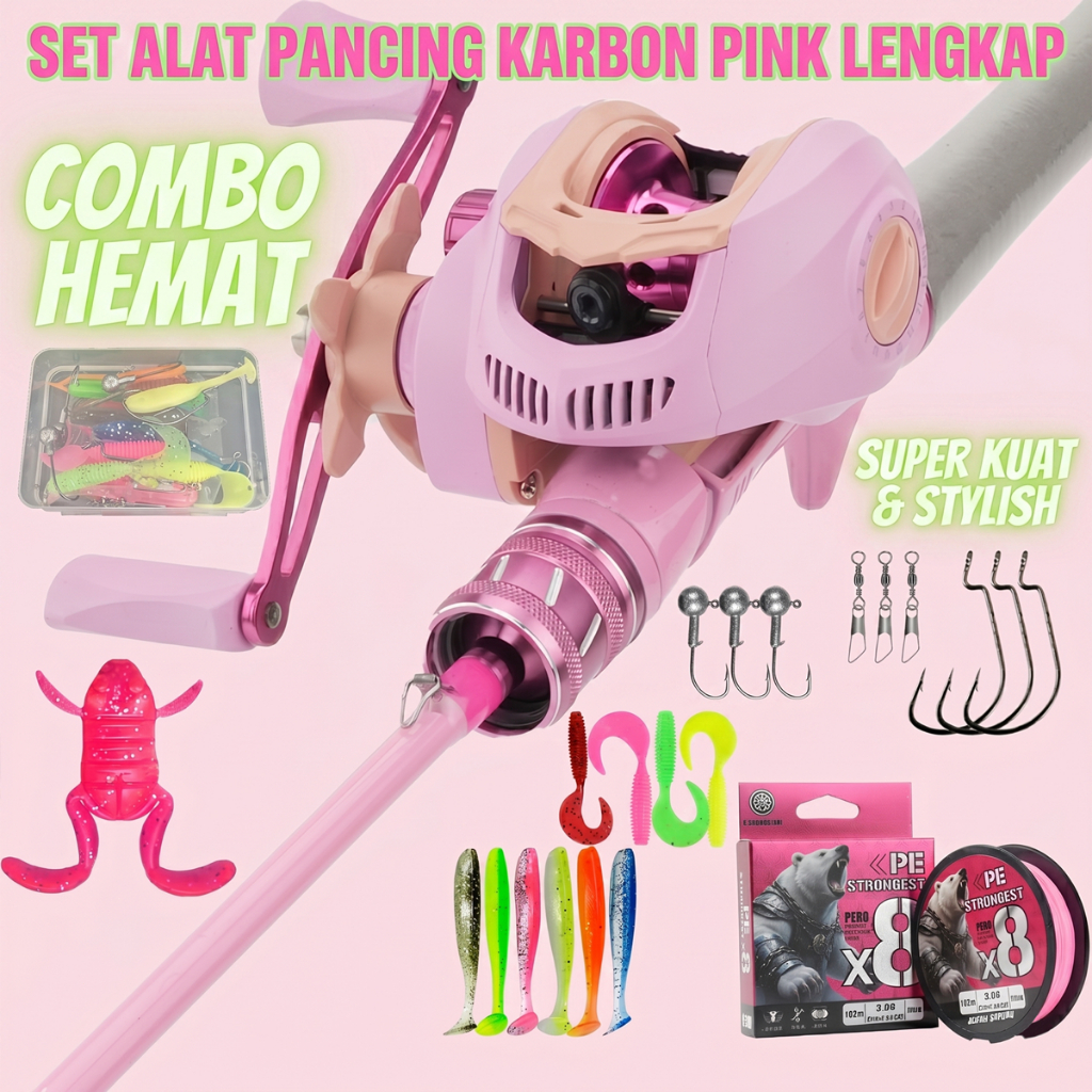 Paket Paket Joran Pancing Casting Pink Super Kuat & Reel Baitcasting Smooth Set Alat Pancing Wanita 