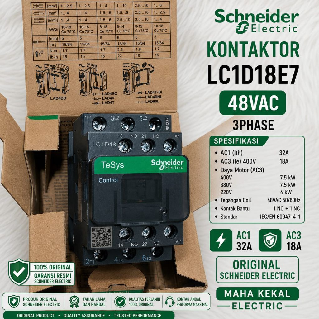 contactor schneider lc1d18e7 48vac 3phase 32a kontaktor Schneider original kontaktor Schneider lc1d1