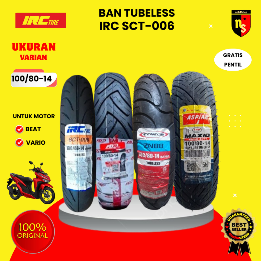 Ban Motor IRC SCT-006 100/80-14 Tubeles Free Pentil Ban Motor Lexi Vario Pcx Depan