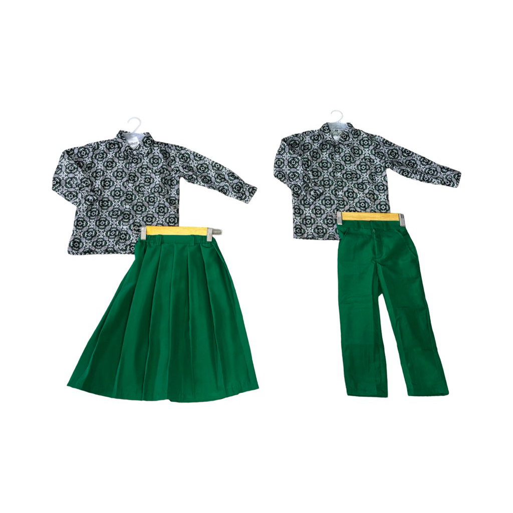 Setelan seragam sekolah TK batik hijau putih