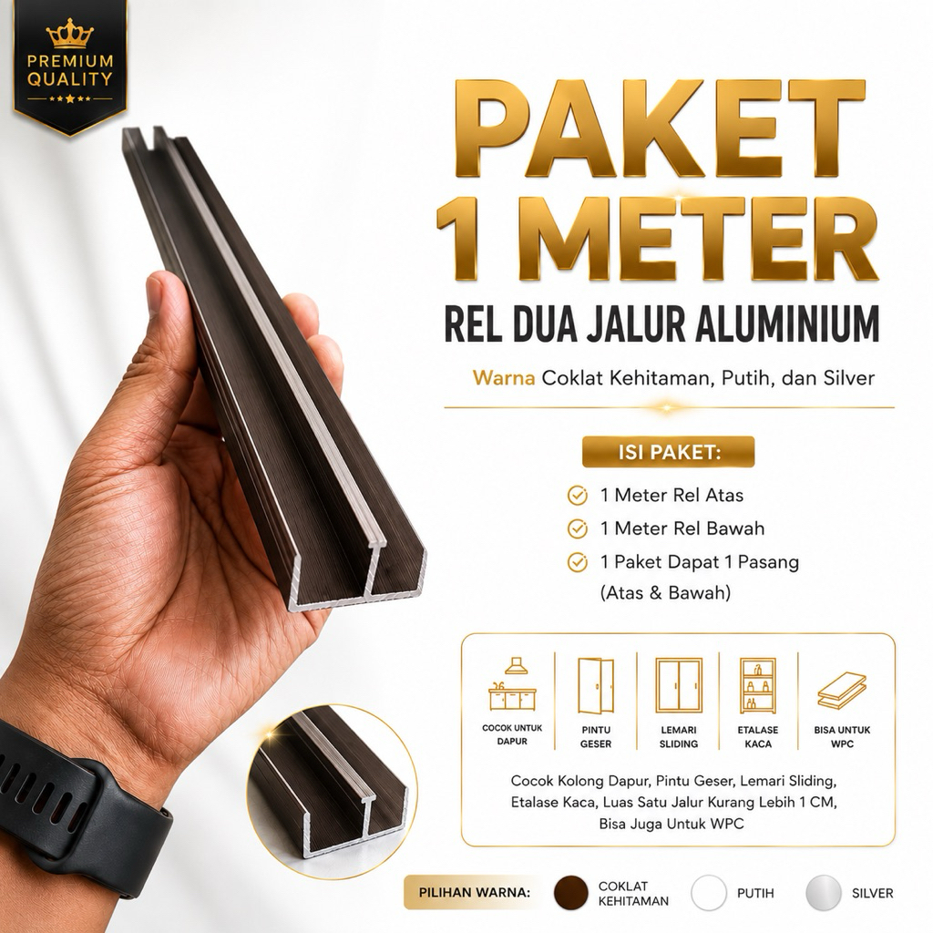 Rel Aluminium 2 Jalur (Paket 1 Meter Atas Bawah untuk Kolong Dapur, Pintu Geser, Lemari Sliding)