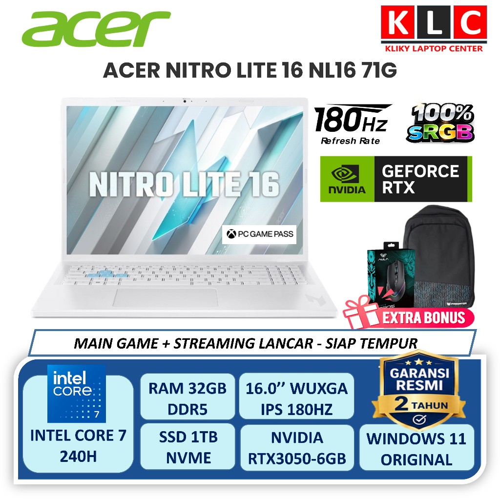 Acer Nitro Lite 16 NL16 71G Intel Core 7 240H RTX3050 16GB DDR5 1TB SSD 180HZ Garansi Resmi