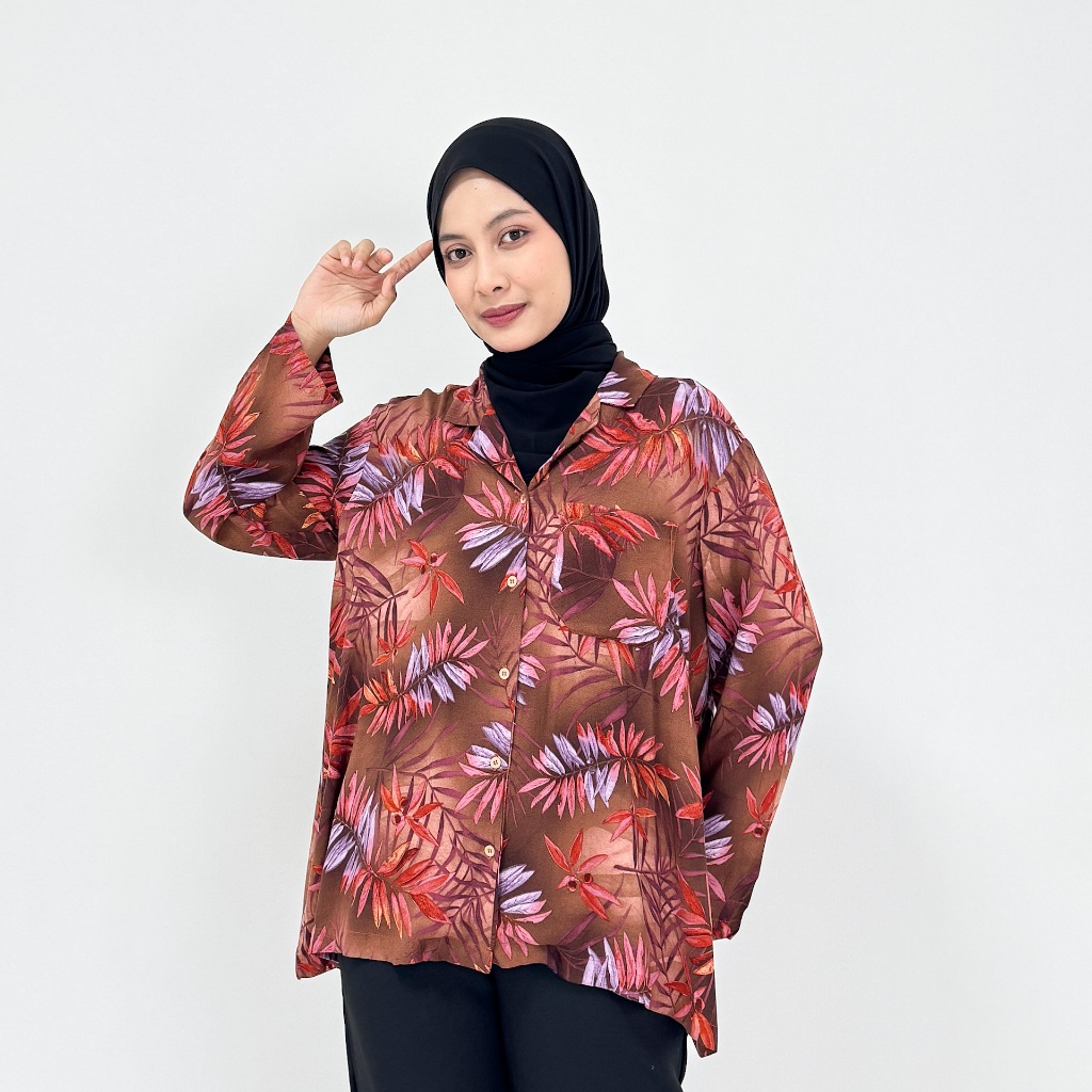 Lezahra Atasan Kemeja Blouse Wanita Motif Daun Abstrak Bahan Katun Rayon Premium Premium Busui Frien