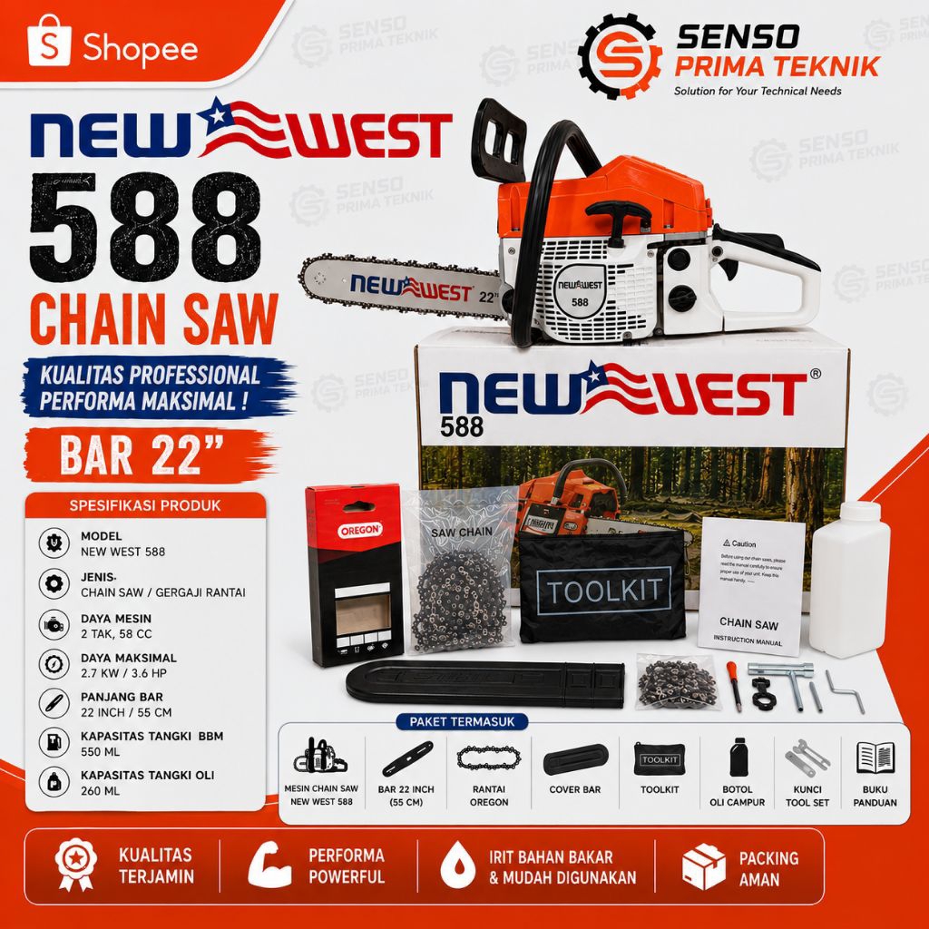 GERGAJI MESIN NEW WEST 588 CHAINSAW 22 INCH