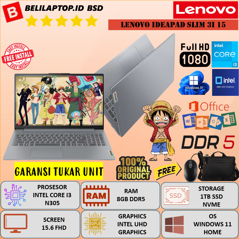 LENOVO Ideapad Slim 3i 15 Baru Intel Core i3 N305 8GB DDR5 1TB SSD FHD Windows 11