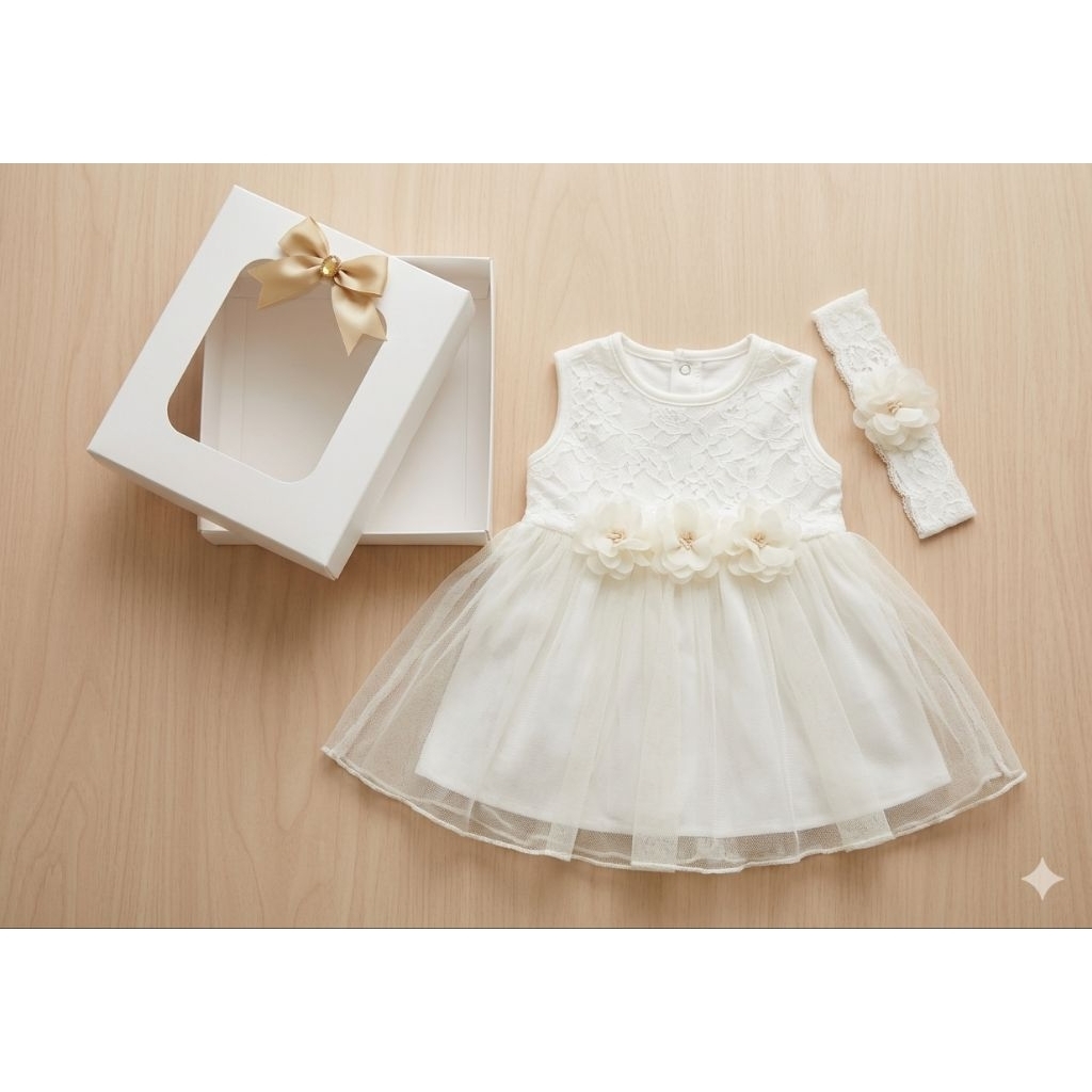 GIFT SET Dress Baby Putih GRATIS BOX & PITA | Dress Bayi Aqiqah | Dress bayi Putih Baptis