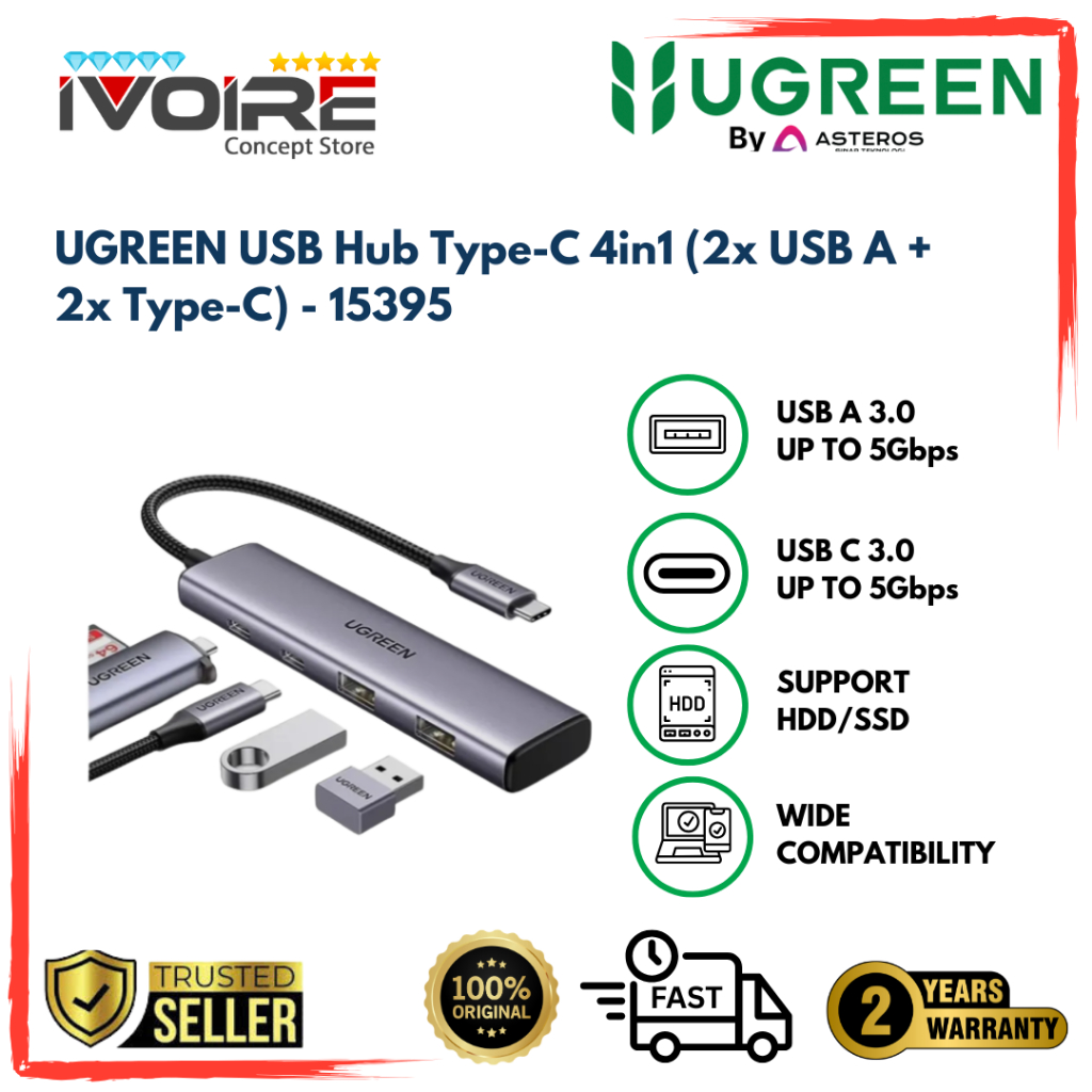 UGREEN USB Hub Type-C 4in1 (2x USB A + 2x Type-C) - 15395