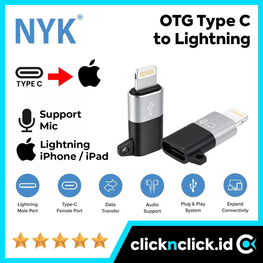 [BISA MIC] NYK USB Type C Female to Lightning Male OTG 5A - Microphone Mikrofon Audio Earphone Heads