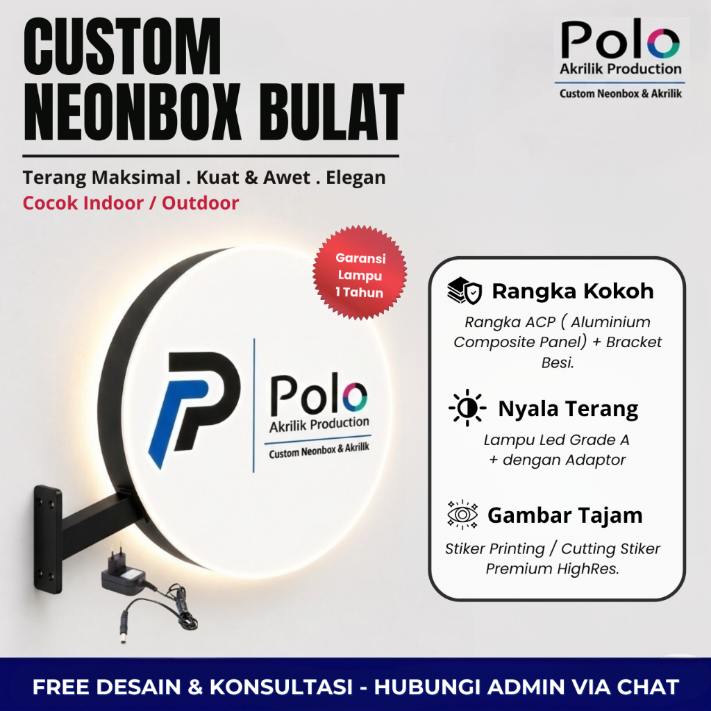 Neon Box Custom Bulat Kotak Oval 2 Sisi Indoor Outdoor + Bracket Besi