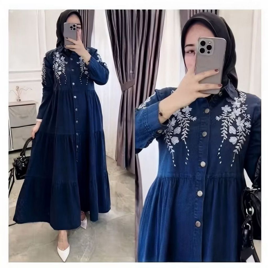 Larisa Maxy Baju Gamis Jeans Wanita Jumbo LD 100 110 120 130/Dress Maxy Denim Gamis Bordir Terbaru