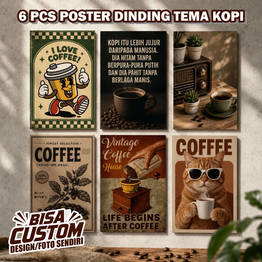 POSTER KOPI / HIASAN DINDING AESTHETIC TEMA KOPI / POSTER COFFEESHOP MIX 6PCS BAHAN MDF 20X30CM