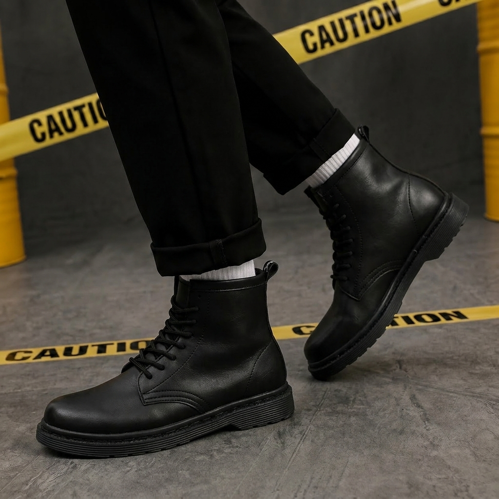 Sepatu Boots Safety Hitam Kulit Pu Docmart Pria