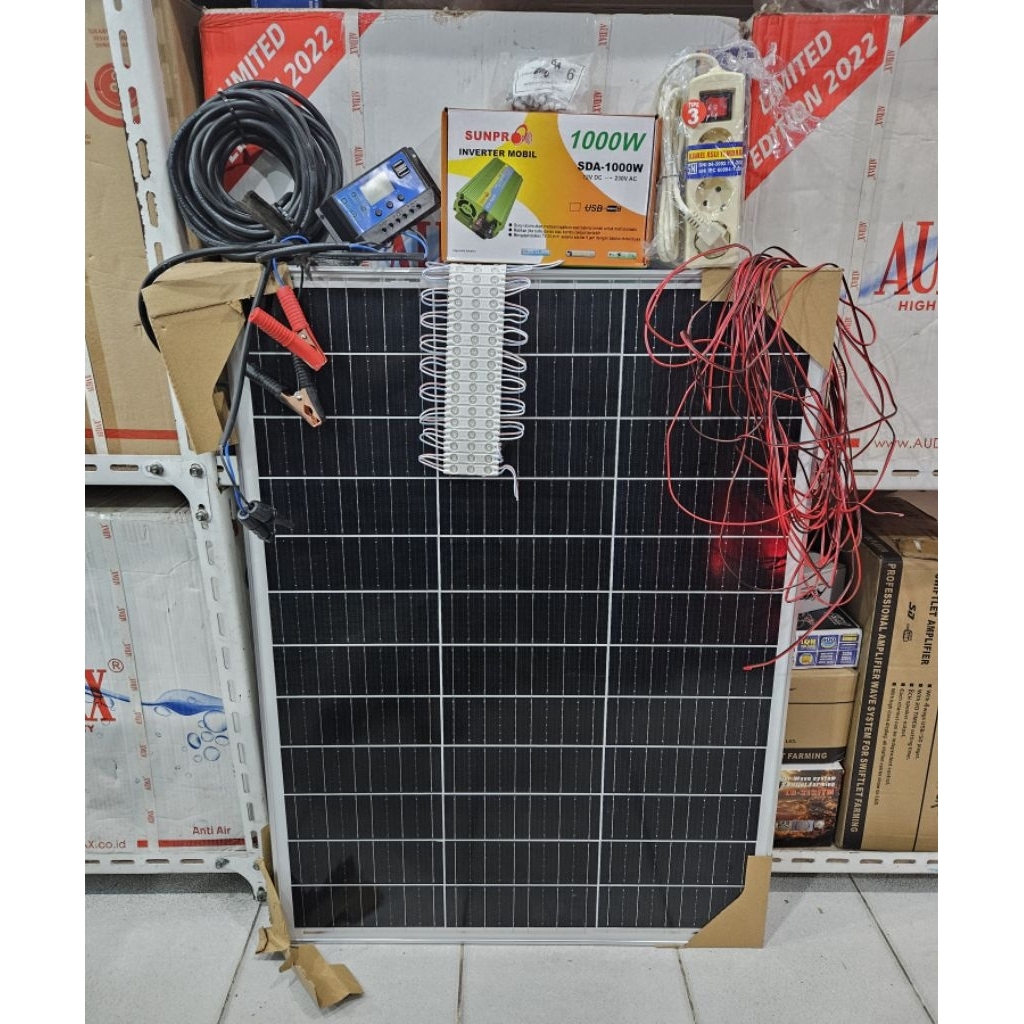 panel surya 100wp komplit.palet kayu.kabel panel 10m.scc.jepitan mc4.inverter 1000wat.lampu dc 1pek 