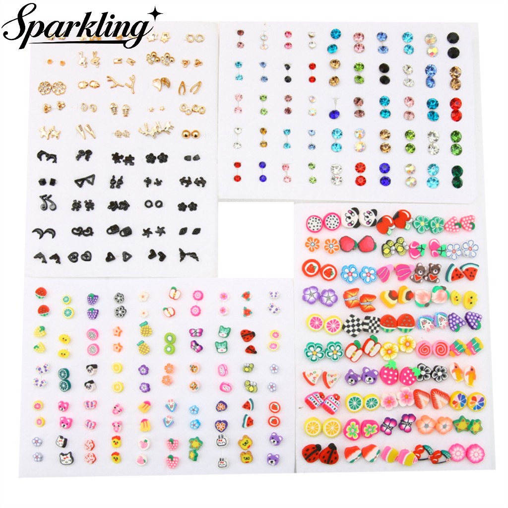 Set Anting Kecil Geometris Campur Gaya Batu Mulia Plastik 50 Pasang Untuk Wanita & Anak Perempuan Pe