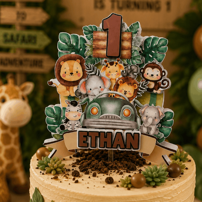 Cake Topper 3D Karakter Safari Animal Theme Free Custom Nama