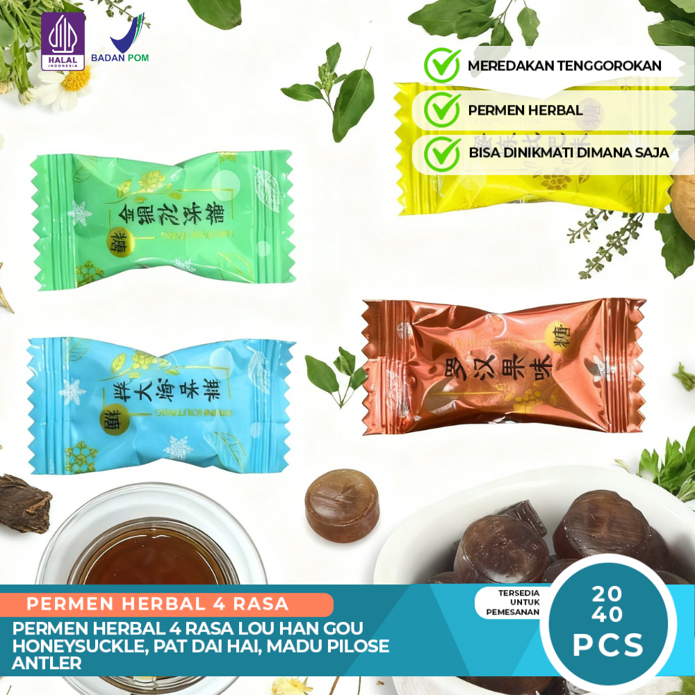 Permen Herbal Pereda Sakit Tenggorokan 4 Rasa Luo Han Guo Honeysuckle Pat Hai Hai Madu Niose Antler 