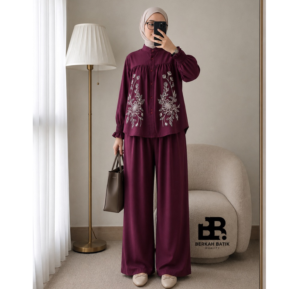 Berkah Batik - Setelan Celana Kulot Baju Panjang Bordir Bunga Bahan Rayon Twill Wanita
