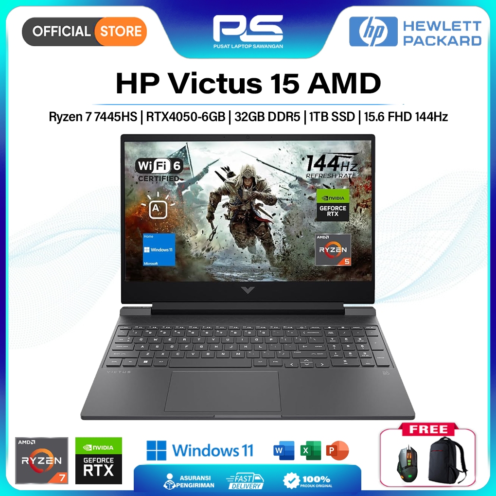Laptop Gaming HP Victus 15 Ryzen 7 7445HS RTX 4050 6GB Ram 32GB 1TB SSD Windows 11 Original