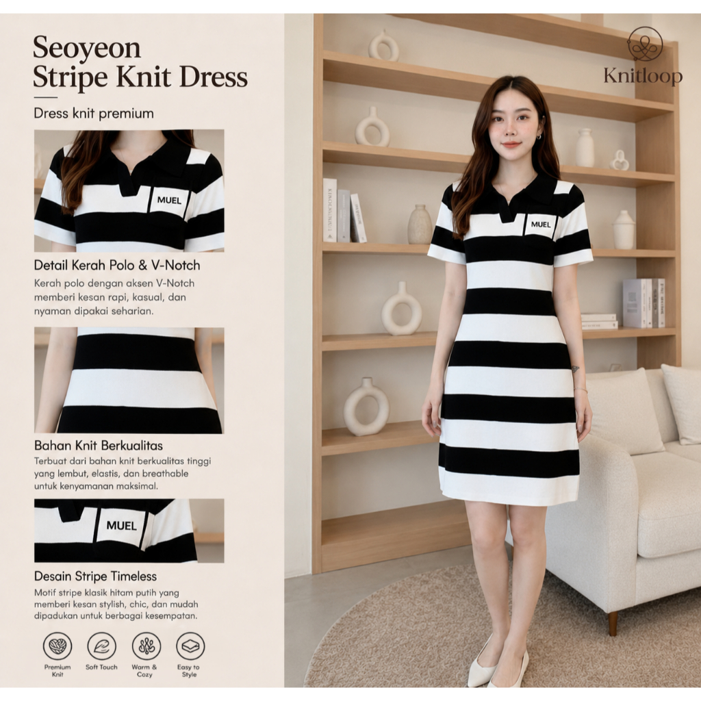 KNITLOOP - Seoyeon Stripe Knit Dress Premium New Model | Dress Salur Casual Import Baju Santai Lenga