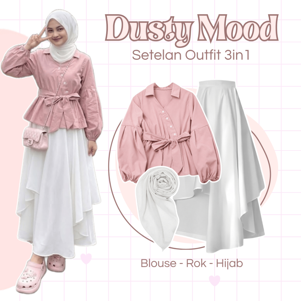 One Set Setelan Wanita | Blouse, Rok, Hijab | Outfit Cewek 1 Set, Setelan Outfit Wanita, OOTD