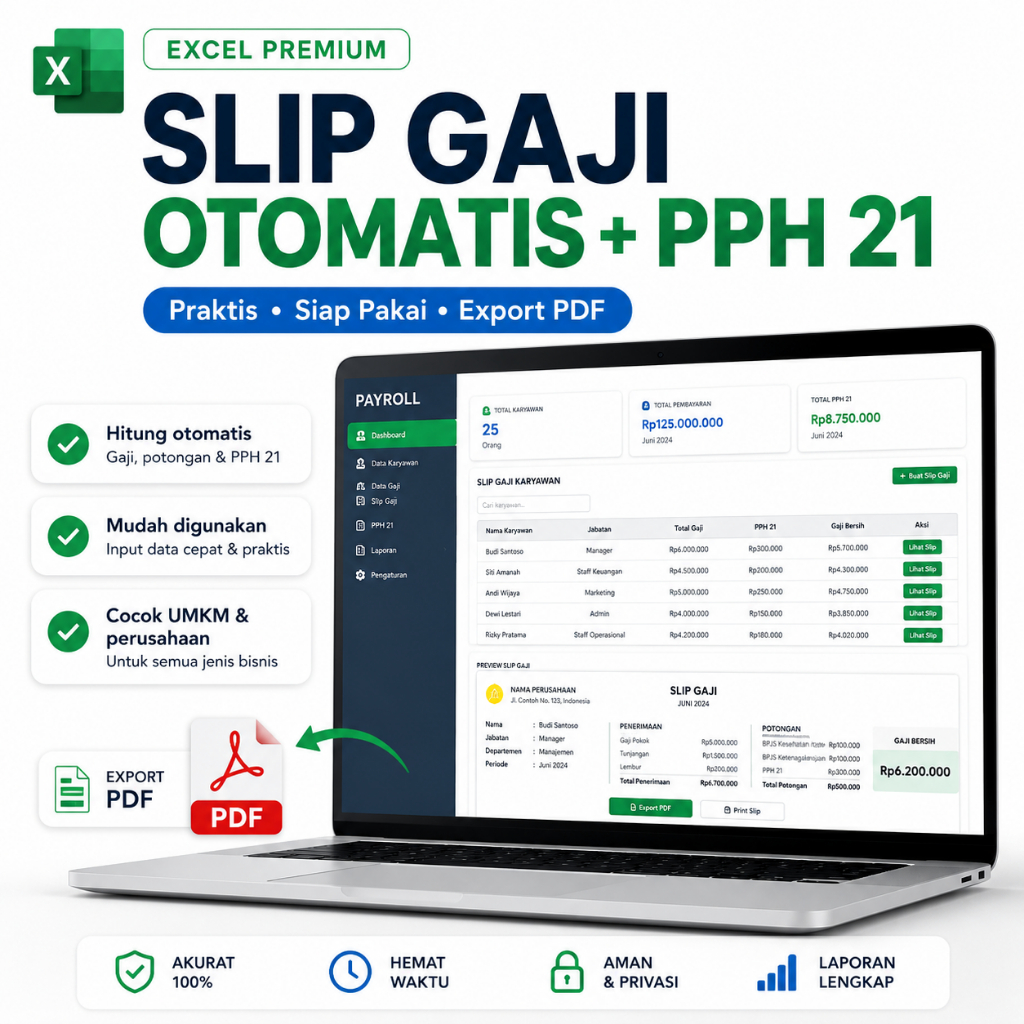 Template Excel Slip Gaji Otomatis + PPH 21 - Payroll & Slip Gaji Siap Cetak PDF | Cocok UMKM dan Per