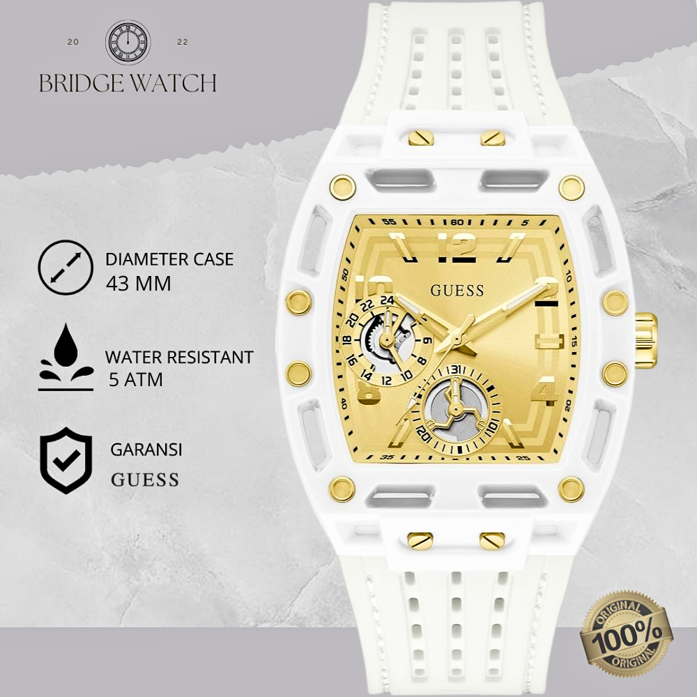Jam Tangan Pria Guess Phoenix GW0499G5 Original Chronograph Watch White Rubber Strap Putih Gold Dial